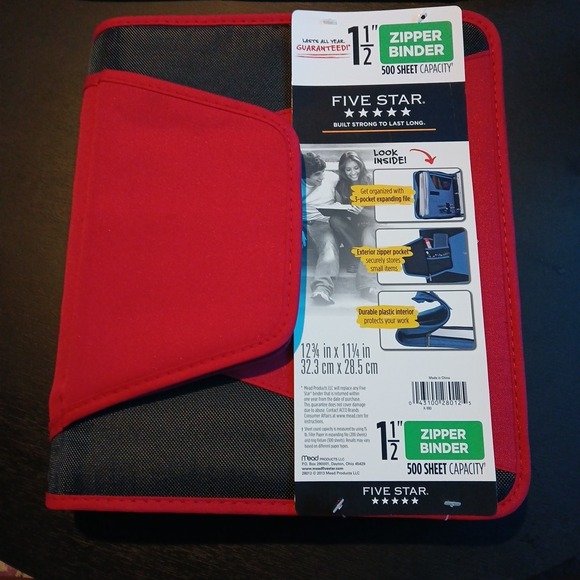Five Star 1-1/2 Inch Zipper Binder, 3-Pocket Expanding File, Durable Red - Picture 1 of 6